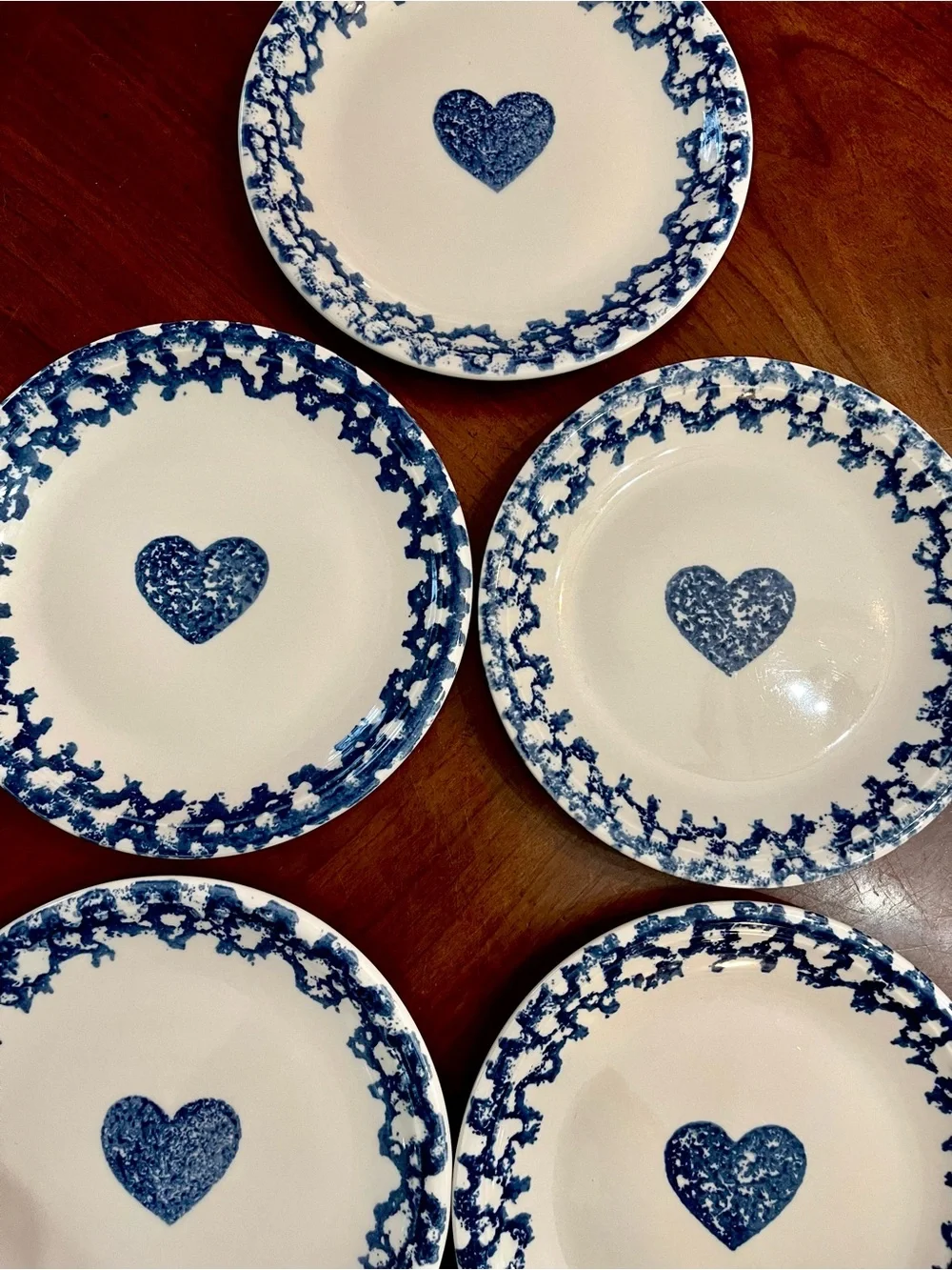 5 VTG Tienshan Folk Craft Blue Hearts Spongeware Salad Dessert Plates, 7.5”